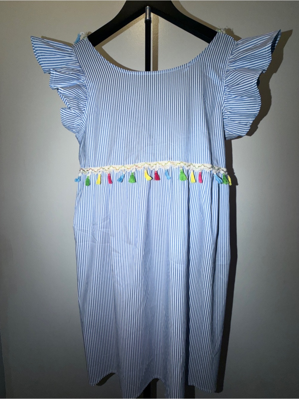 Blue & White Striped Tassel Bow Back Dress
